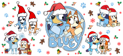 Festively themed illustration of animated characters from "Bluey," wearing Santa hats and surrounded by Christmas decorations and playful scenes.UV Transfersdtf regular iron