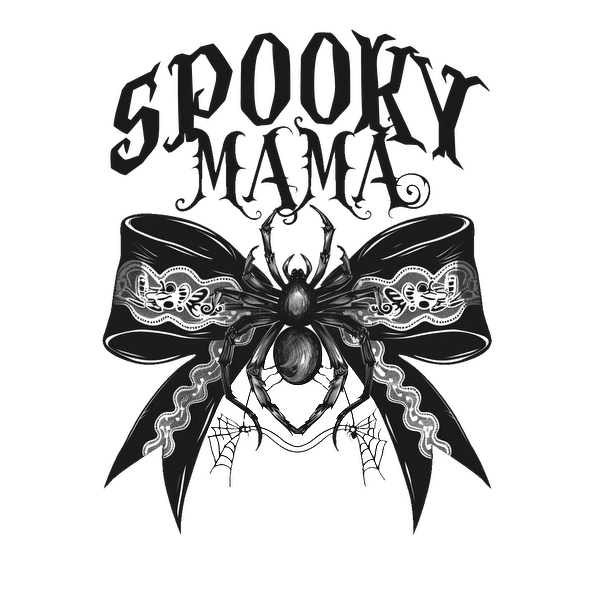 This spooky design features a decorative bow with a detailed spider and the words "Spooky Mama" in bold lettering.