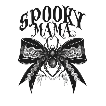 This spooky design features a decorative bow with a detailed spider and the words "Spooky Mama" in bold lettering.