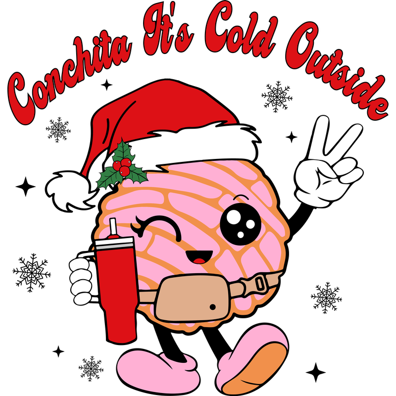 A cheerful cartoon character wearing a Santa hat, holding a drink, with the text "Conchita It's Cold Outside" above it.DTF Transfersdtf regular iron