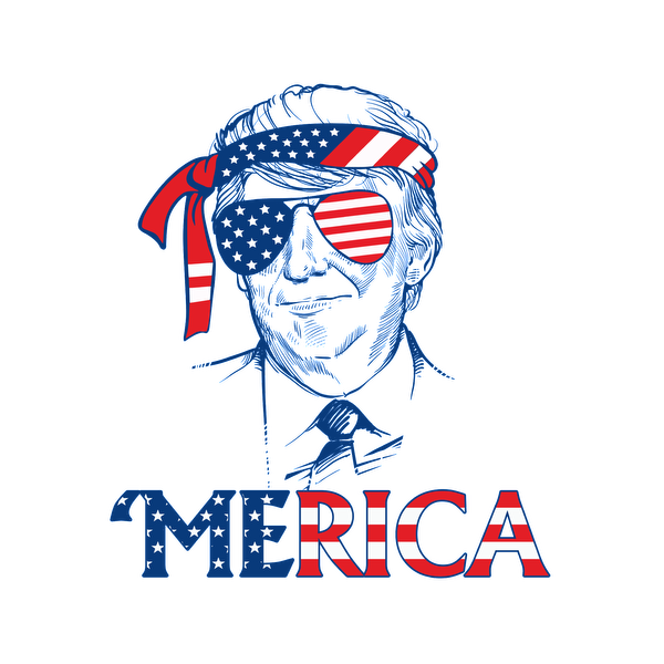 Un diseño gráfico atrevido que presenta una figura patriótica con gafas de sol con estrellas y rayas, y la palabra 'MERICA'.