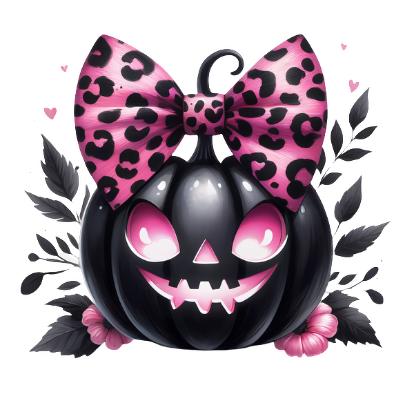 Una divertida calabaza negra con un lindo lazo con estampado de leopardo rosa y una cara amigable y sonriente rodeada de detalles florales.