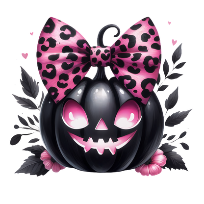 Una divertida calabaza negra con un lindo lazo con estampado de leopardo rosa y una cara amigable y sonriente rodeada de detalles florales.