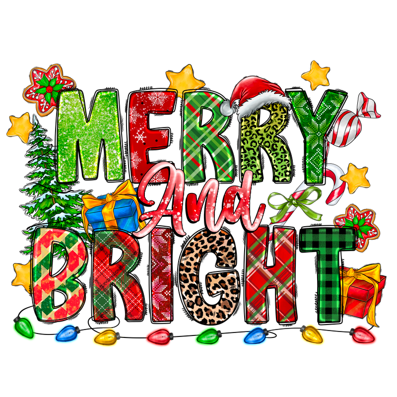 A vibrant and festive graphic featuring the cheerful phrase "Merry and Bright" surrounded by holiday decorations like a tree, gifts, and lights.DTF Transfers dtf transfers dtf transfers