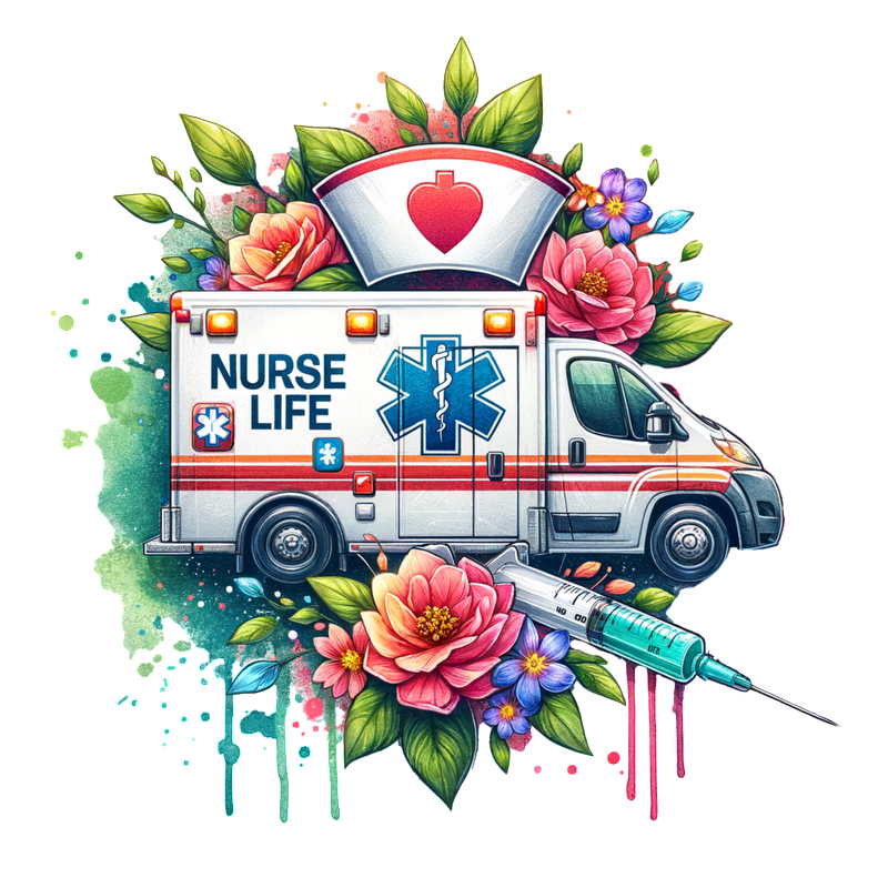 A vibrant illustration of an ambulance surrounded by flowers and a syringe, celebrating the theme "Nurse Life."DTF Transfers