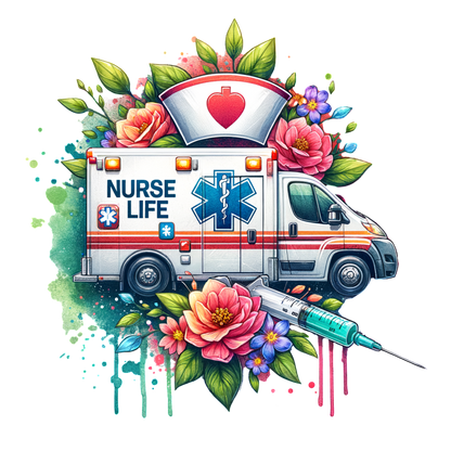 A vibrant illustration of an ambulance surrounded by flowers and a syringe, celebrating the theme "Nurse Life."DTF Transfers