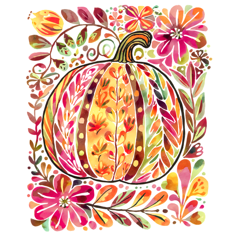 A vibrant watercolor illustration of a pumpkin surrounded by colorful flowers and foliage.DTF Transfers