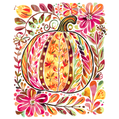 A vibrant watercolor illustration of a pumpkin surrounded by colorful flowers and foliage.DTF Transfers