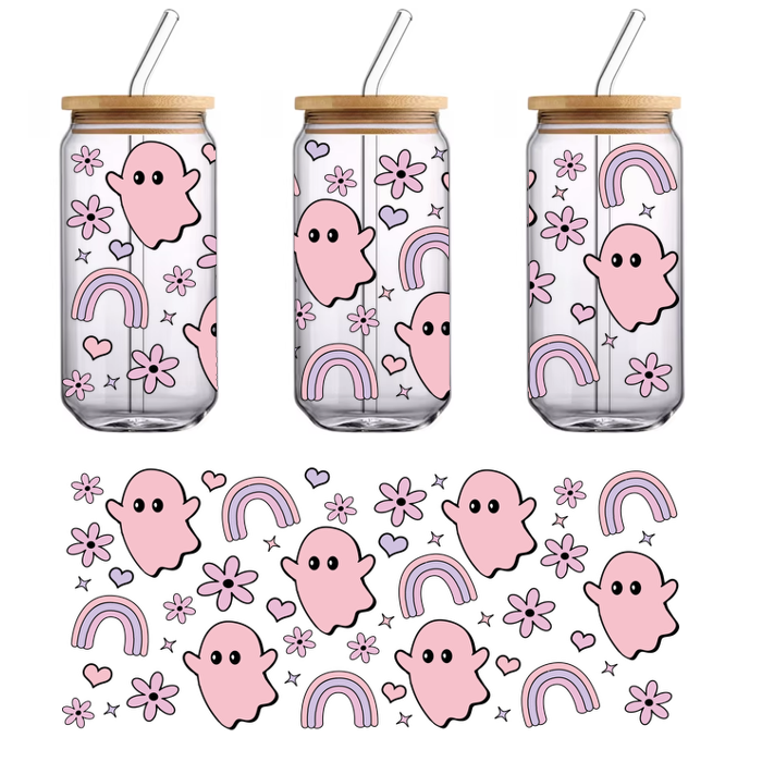 A whimsical pattern featuring cute pink ghosts, colorful rainbows, hearts, and flowers against a black background.UV Transfersdtf regular iron