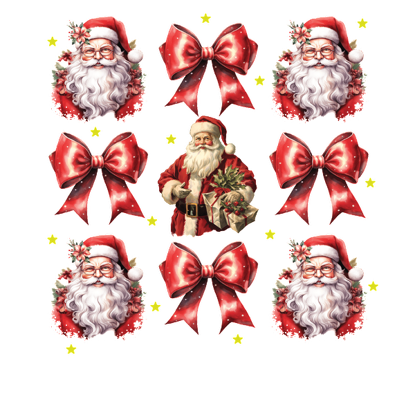 Un arreglo festivo con múltiples imágenes alegres de Papá Noel rodeadas de lazos rojos vibrantes, perfecto para decoraciones navideñas.