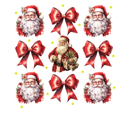 Un arreglo festivo con múltiples imágenes alegres de Papá Noel rodeadas de lazos rojos vibrantes, perfecto para decoraciones navideñas.