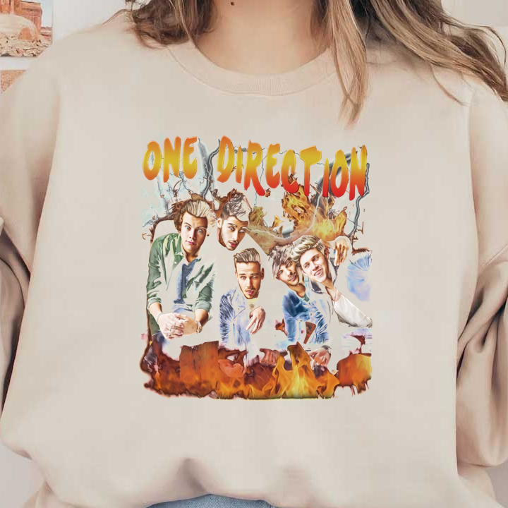 A vibrant and energetic artwork featuring the band One Direction with colorful flames and a bold title overhead.DTF Transfers dtf transfers