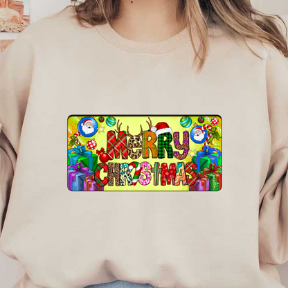 A vibrant, festive "Merry Christmas" graphic featuring colorful letters, Santa, and decorated gift boxes against a cheerful background.DTF Transfers dtf prints