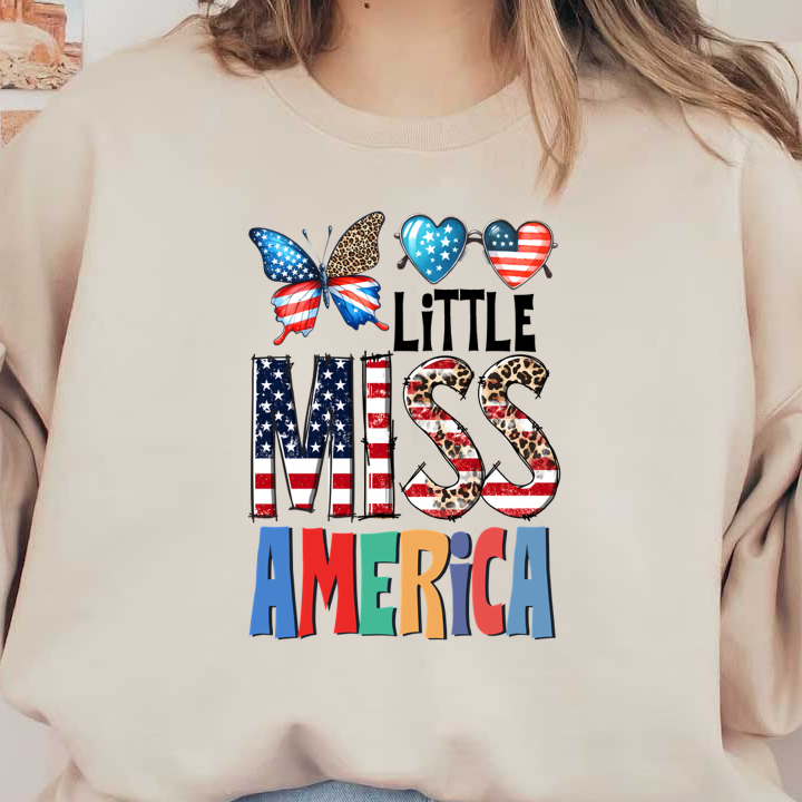 A vibrant and playful design featuring "MISS AMERICA" with patriotic colors, a butterfly, and heart-shaped sunglasses.dtf regular iron