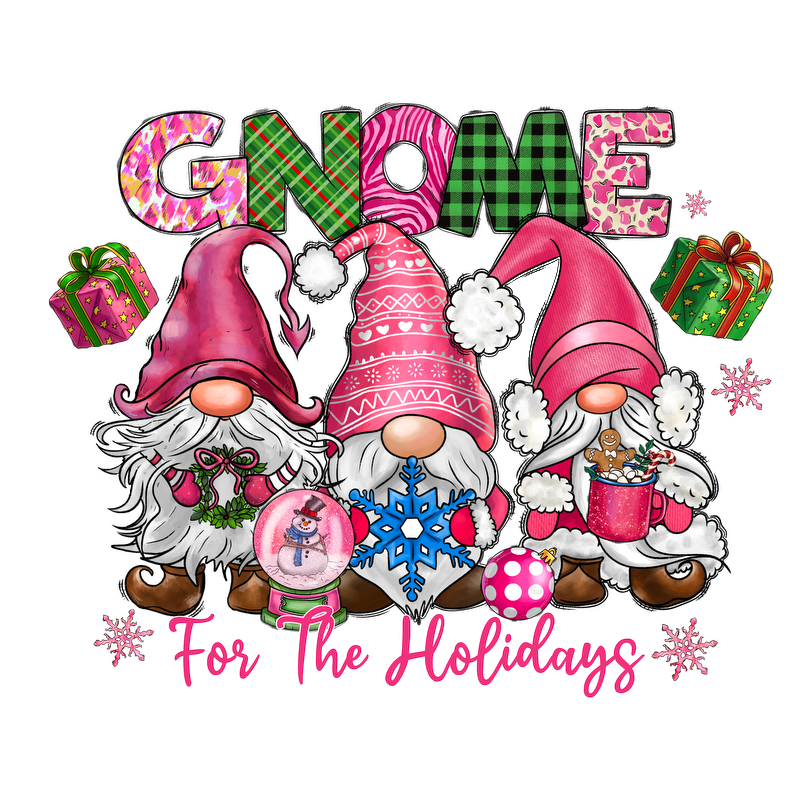 Celebrate the holidays with this cheerful illustration of gnomes in festive hats, surrounded by gifts and winter decorations!DTF Transfers heat press transfers heat press transfers