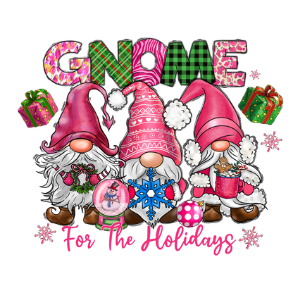 Celebrate the holidays with this cheerful illustration of gnomes in festive hats, surrounded by gifts and winter decorations!DTF Transfers heat press transfers heat press transfers