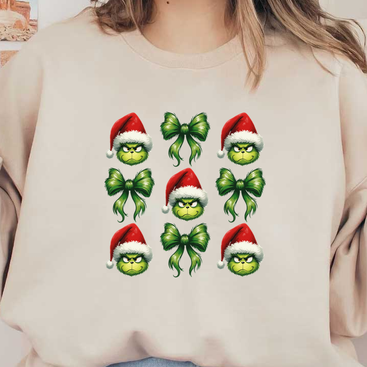 A festive pattern featuring the Grinch in a Santa hat and vibrant green bows, perfect for holiday decorations. dtf prints