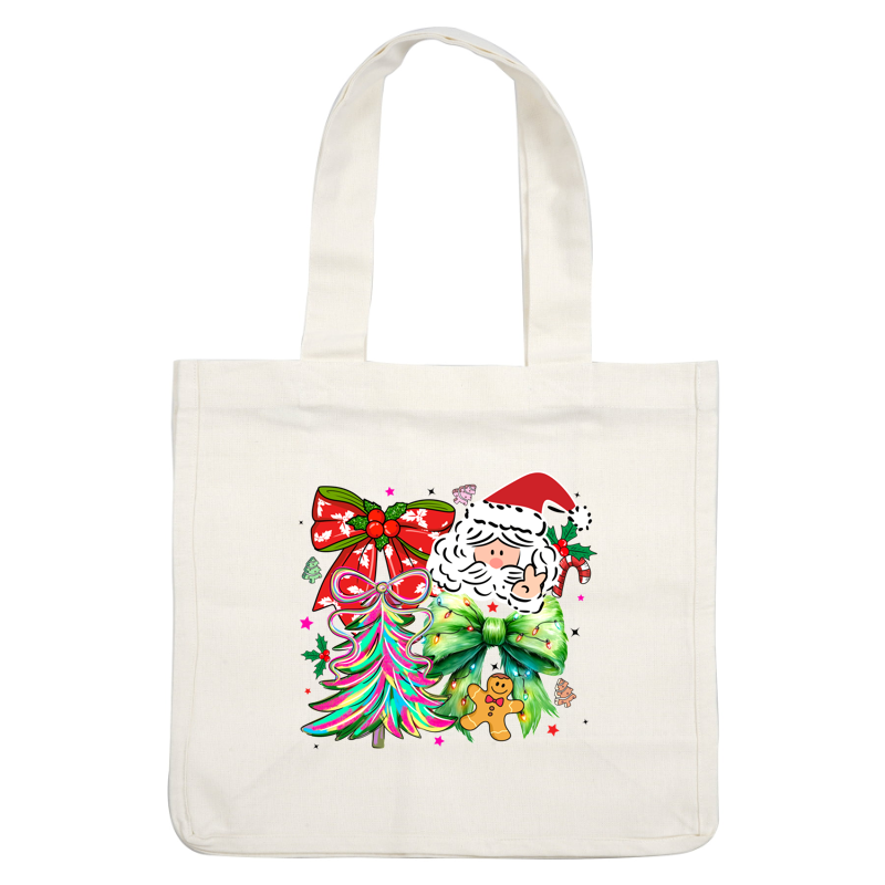 A cheerful Christmas collage featuring Santa, colorful bows, a decorated tree, and gingerbread.DTF Transfers