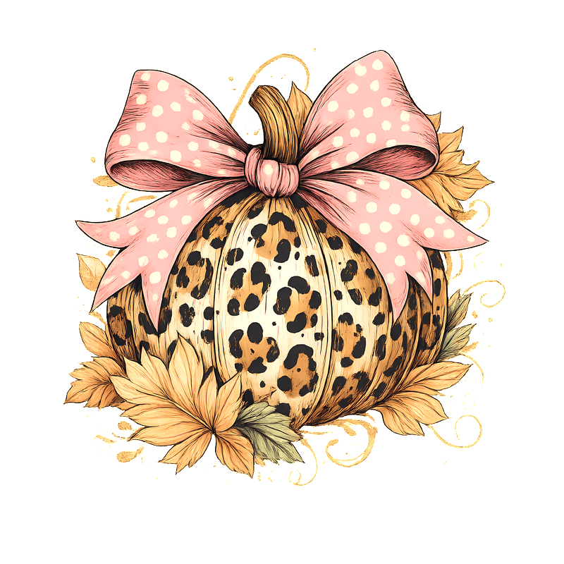 Charming pumpkin illustration adorned with a polka dot bow and autumn leaves.DTF Transfers