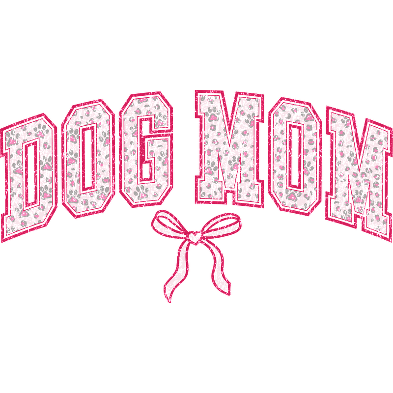 "Dog Mom" pink and white bow and paw print design on a green background.DTF Transfers