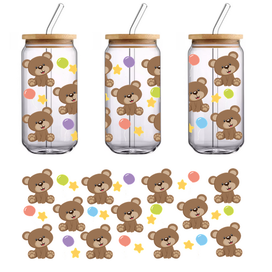 A cheerful pattern featuring cute brown teddy bears surrounded by colorful balloons and stars, perfect for a playful theme.UV Transfers dtf transfers