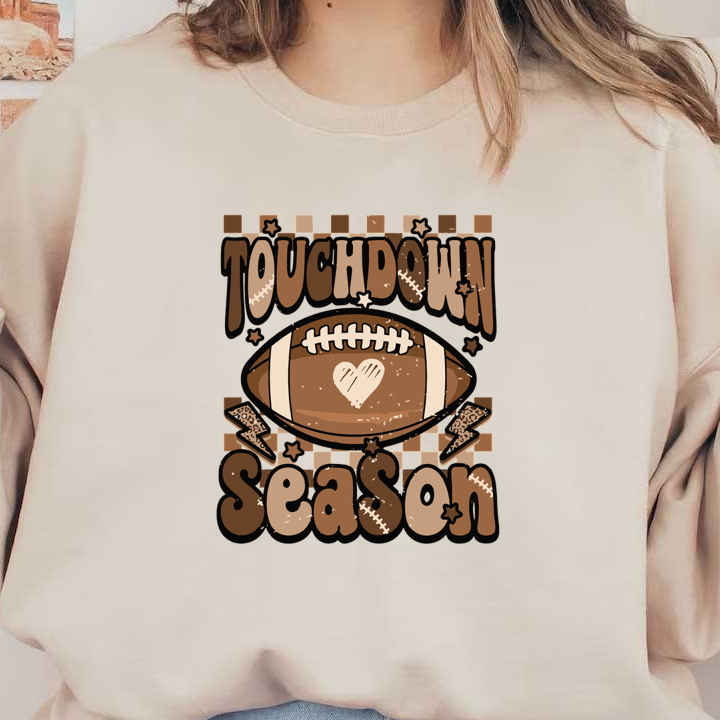 Celebrate football with this fun "Touchdown Season" graphic featuring a heart-shaped football and playful designs! dtf prints