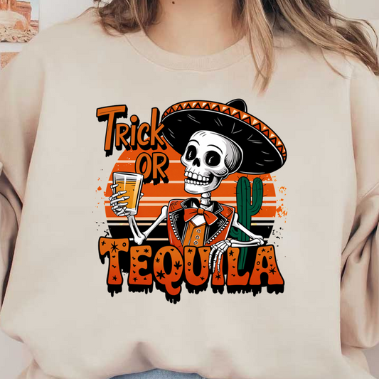 Una ilustración festiva que presenta un esqueleto alegre con un sombrero, sosteniendo una bebida y la frase divertida "Truco o tequila".