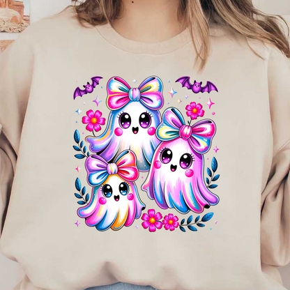 Three cute, colorful ghost characters with bows and cheerful expressions surrounded by flowers.DTF Transfers