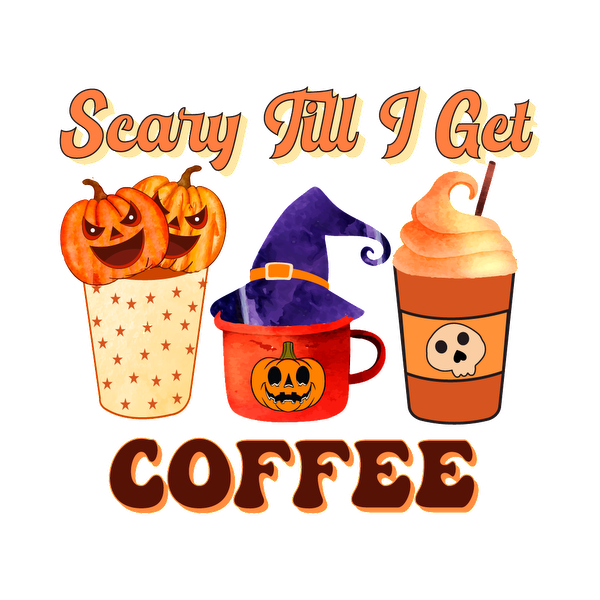 Celebrate Halloween with this playful design featuring coffee cups and pumpkins, perfect for those needing their caffeine fix! dtf prints