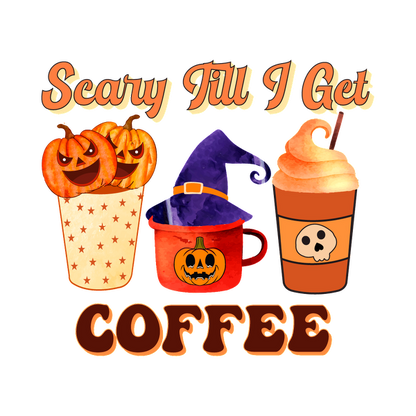 Celebrate Halloween with this playful design featuring coffee cups and pumpkins, perfect for those needing their caffeine fix! dtf prints