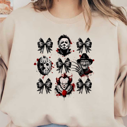 Un gráfico inspirado en Halloween que presenta personajes icónicos de películas de terror rodeados de lazos decorativos y salpicaduras de rojo, lo que agrega un toque espeluznante.