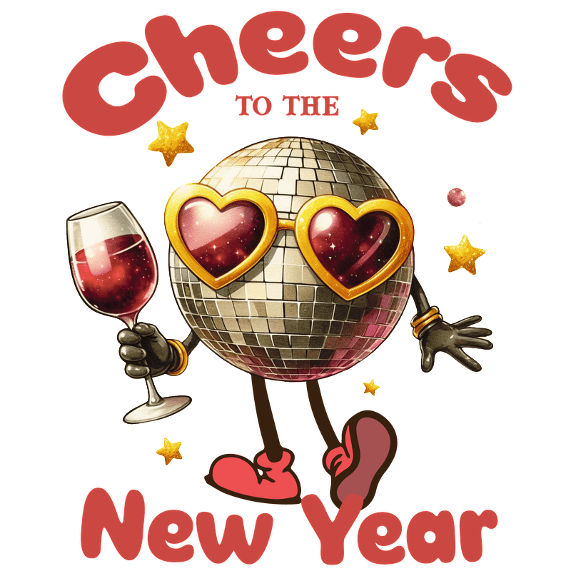 Celebrate the New Year with this cheerful disco ball character, complete with heart-shaped sunglasses and a festive drink!DTF Transfers