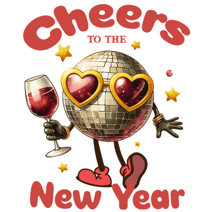 Celebrate the New Year with this cheerful disco ball character, complete with heart-shaped sunglasses and a festive drink!DTF Transfers