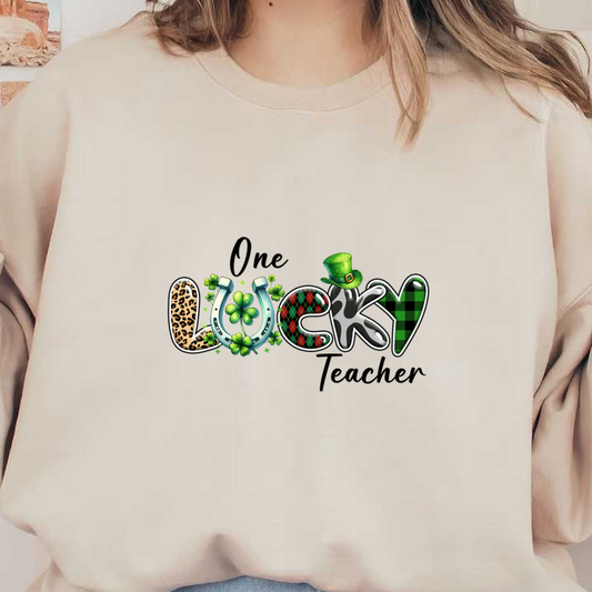 Bright and playful "LUCKY" design featuring leopard print, shamrocks, and a green leprechaun hat, perfect for St. Patrick's Day!dtf regular iron