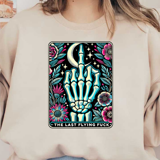 A vibrant art piece featuring a skeleton hand making a bold gesture, surrounded by colorful flowers and a crescent moon. dtf prints