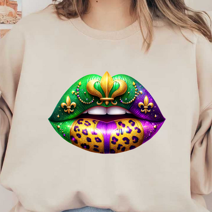 Vibrantly decorated lips featuring green, purple, and gold hues, embellished with leopard print and festive designs, perfect for celebration.DTF Transfers