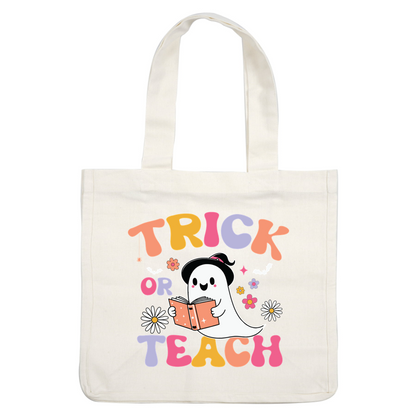 Este diseño caprichoso presenta un fantasma amigable con un sombrero de bruja sosteniendo un libro, con un texto colorido que dice "Trick or Teach".