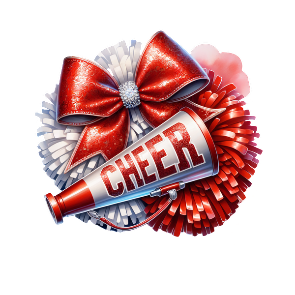 A vibrant cheerleading graphic featuring a megaphone, red and silver ribbons, and playful pom-poms, exuding a festive spirit.DTF Transfers dtf prints