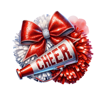 A vibrant cheerleading graphic featuring a megaphone, red and silver ribbons, and playful pom-poms, exuding a festive spirit.DTF Transfers dtf prints