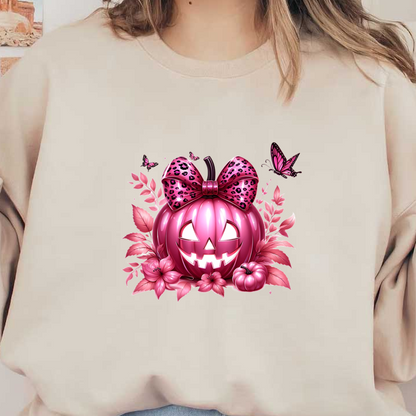 A cheerful pink Halloween pumpkin adorned with a leopard-print bow, surrounded by flowers and butterflies for a festive touch.dtf regular iron