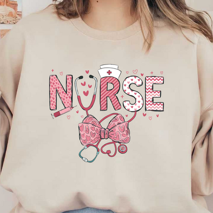 A vibrant and playful design featuring the word "NURSE" with hearts, a stethoscope, and a pink bow.DTF Transfers