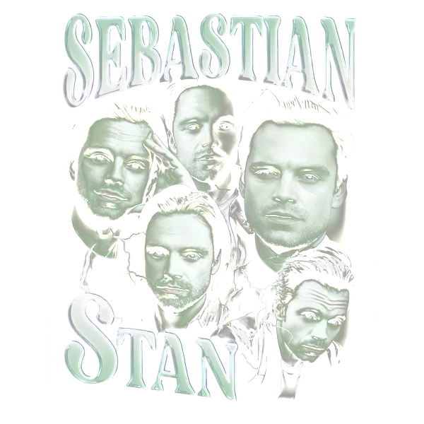 A vibrant graphic showcasing multiple artistic images of Sebastian Stan, prominently featuring his name in bold lettering.DTF Transfersdtf regular iron