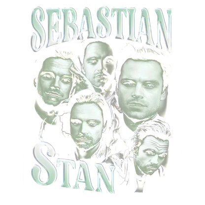 A vibrant graphic showcasing multiple artistic images of Sebastian Stan, prominently featuring his name in bold lettering.DTF Transfersdtf regular iron