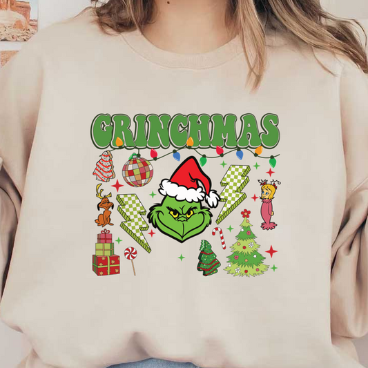 Celebrate "Grinchmas" with a whimsical design featuring the Grinch, festive decorations, and colorful holiday elements for a playful vibe!DTF Transfers heat press transfers