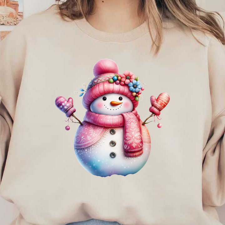 A charming snowman adorned with a pink hat, matching scarf, and colorful flowers, holding mittens and exuding festive cheer. heat press transfers dtf prints