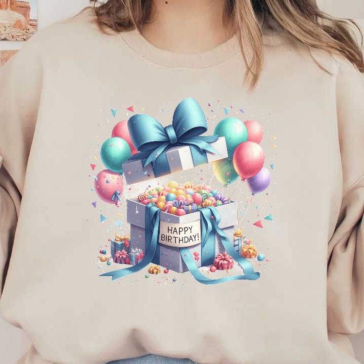 Celebrate in style with this festive birthday gift box, overflowing with colorful candies and surrounded by cheerful balloons and decorations!DTF Transfers