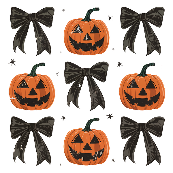 Un diseño divertido con temática de Halloween que incluye alegres linternas de calabaza y elegantes lazos negros dispuestos en un patrón de cuadrícula.