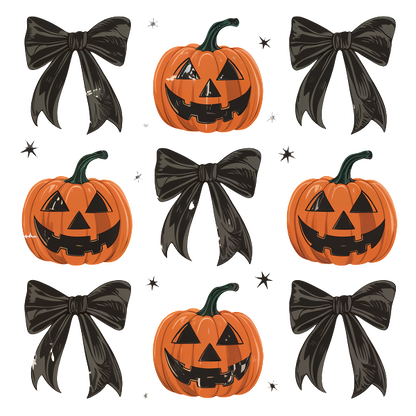 Un diseño divertido con temática de Halloween que incluye alegres linternas de calabaza y elegantes lazos negros dispuestos en un patrón de cuadrícula.