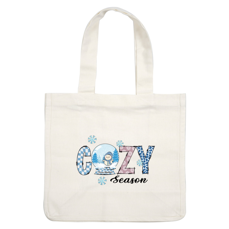 Celebre la temporada con este diseño festivo "COZY" que presenta un alegre muñeco de nieve, árboles navideños y patrones divertidos.