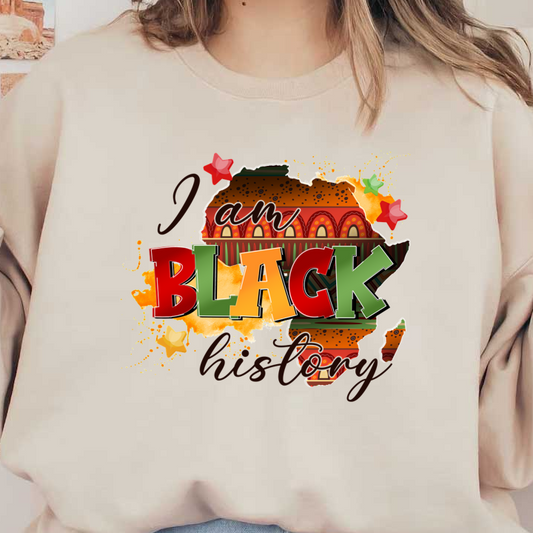 Celebrate heritage with this vibrant design featuring the phrase "I am BLACK history" against a colorful African continent backdrop. dtf prints